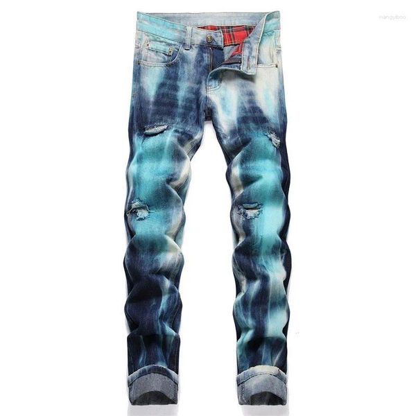 Jeans para hombres Motocicleta Biker Pinturas Tie Dyed Ripped para hombres High Street Tendencia Elástica Recta Slim Long Denim