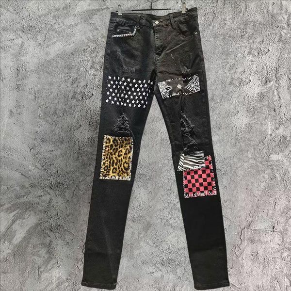 Pantalones vaqueros para hombre Pantalones de moto para hombre Punk Street Retro Rasgado Patrón de patchwork en contraste Pantalón de diseñador de hip hop