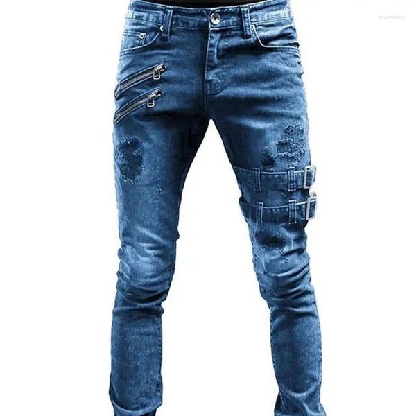 Jeans para hombres Personalidad de la motocicleta Capaz Ajuste ajustado Pierna pequeña Primavera y otoño Largo