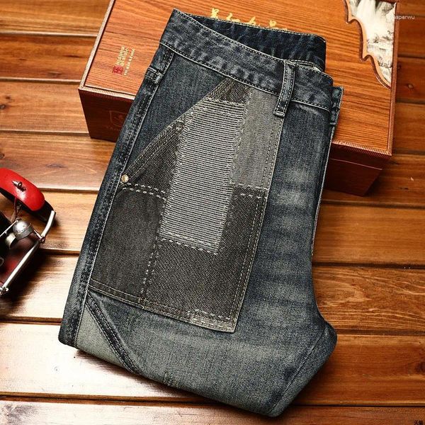 Jeans masculin moteur couture patch patch fashion street rétro haut de gamme pantalon skinny slim fit slim fit