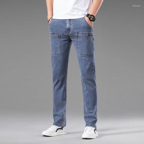 Jeans pour hommes Conception multi-sacs Grande capacité Jambe droite Stretch Style classique Bleu Slim Coton Élastique Regular Fit Denim Pantalon