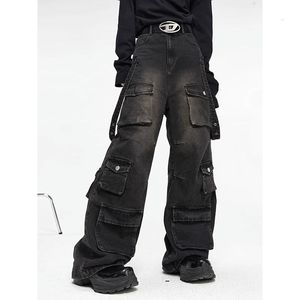 Jeans homme multi-poches rétro américain jean large ample tendance de rue jean noir délavé pantalon droit taille haute hip-hop homme 230814