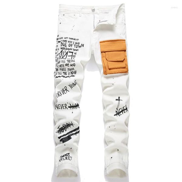 Jeans masculin multi-poche imprimé blanc mi-juge mi-jumeux stretch denim pantalon pantalon de motard hip hop masculin