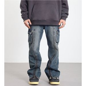 Jeans masculin multi-poche vintage lâche pantalon denim à glissière zipper slit cloche inférieur unisexe pantalon 230810
