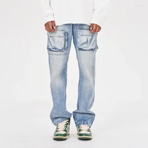 Jeans masculin multi-poche zipper bleu clair vintage high street mode homme