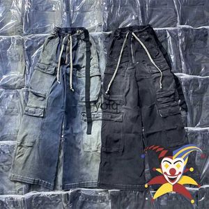 Jeans pour hommes Multiples poches Jeans lavés pour hommes femmes Top qualité cordon noir bleu surdimensionné denim pantalonryolq