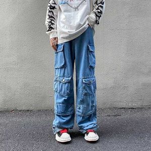Jeans pour hommes MultiPocket Blue Washed Cargo Pants Couple Hip Hop Jeans High Street Baggy Casual Harajuku Simple Denim Pantalon Pantalon large Z0301
