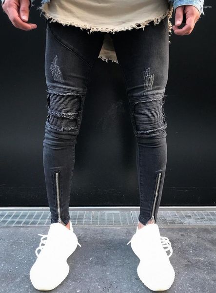 Jeans pour hommes Neverfunction Hem Zipper Ripped Genou Biker Hommes Moto Skinny Gris Foncé Stretch Moto Denim Pantalon Joggers Plus La Taille 38