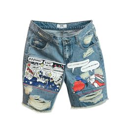 Jeans para hombres NUEVA LLEGA ARRILLA MANDS Jeans Luz de estampado Shorts Men Ulzzang Patrón de verano Longitud Zipper Fly Fly Washed 210317