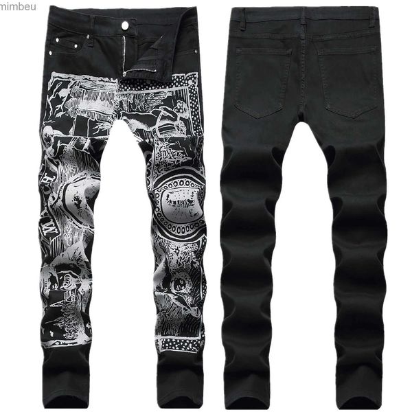 Jeans pour hommes Nouvelle arrivée hommes slim stretch noir jeans haute qualité impression rue mode pantalon léger luxe élégant sexy jeans décontractés hommes; L240109