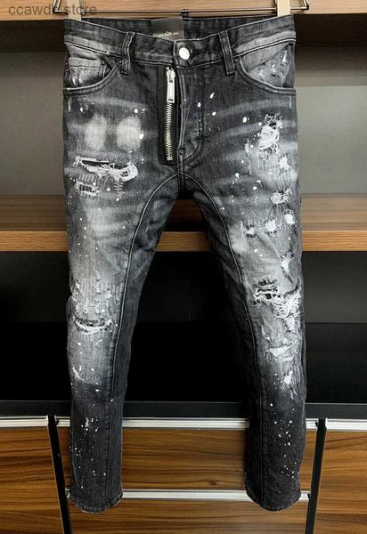 Jeans pour hommes, flambant neuf, noir DSQ, trou, bouton SLIM, vêtements de bonne qualité pour client T240109