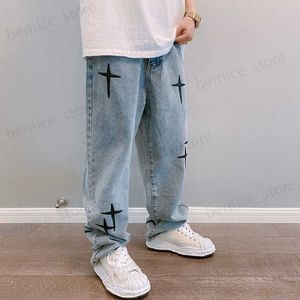 Jeans pour hommes Nouveaux jeans brodés Pantalons à jambes larges droites pour hommes Printemps / Été Mode coréenne Street Hip Hop Style Pantalons pour hommes Z230712