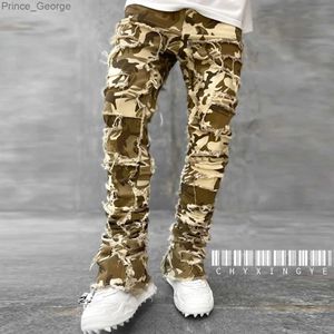 Jeans pour hommes Nouveau pantalon de camouflage européen hommes High Street Slim Fit Stretch patché Denim déchiré mâles empilés Jeans Mens camouflage jeansL2403