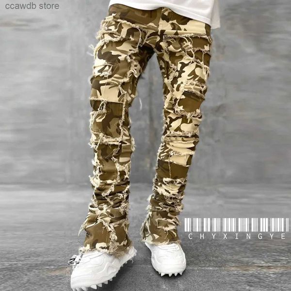 Jeans Homme Nouveau pantalon camouflage européen hommes haute rue coupe ajustée Stretch patché Denim déchiré jean empilé homme Men's camouflage jeans T240109