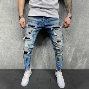 Jeans masculin nouveau design de mode trou slim mens jeans peinture peinture épisser le pantalon de denim serré.