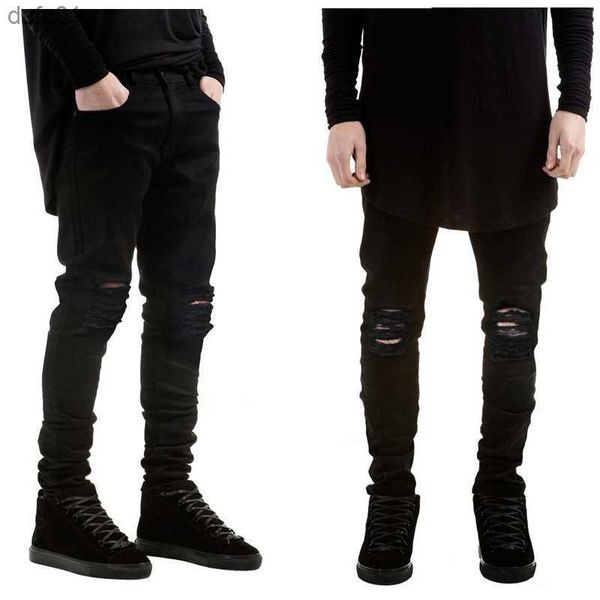 Jeans pour hommes Nouvelle mode hommes jeans noirs skinny déchiré Stretch Slim ouest hip hop swag denim moto motard pantalon Jogger L230520