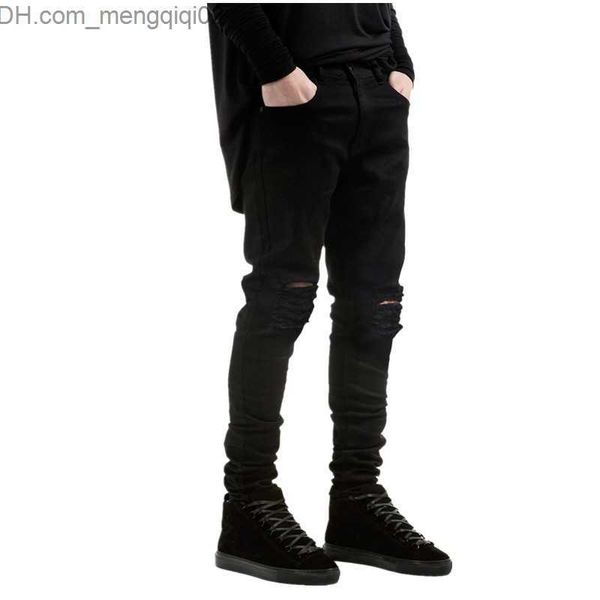 Jeans pour hommes Nouvelle mode hommes jeans noirs skinny déchiré Stretch Slim ouest hip hop swag denim moto motard pantalon Jogger Z230711