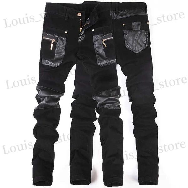 Jeans masculin New Fashion Men Pantalon en cuir Patchwork Skinny Mens Moto Motorcycle de haute qualité pantalon slim jeans Taille 28-36 T240411