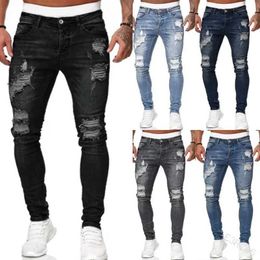Jeans masculins New Fashion Street Vêtements Déchirure Jeans serrés Mentes Vintage lavage Solid Denim Tanter Mens Casual Slim Fit Pantalon Denim Pantalon Hot Selll2405