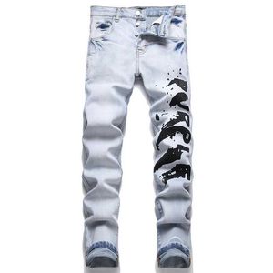 Heren jeans nieuwe modetrend blauw bedrukt midden taille elastische casual slanke fit heren denim broek Q240509