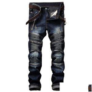 Jeans pour hommes Nouvelle mode Vintage Moto Biker Hommes Hip Hop Streetwear Ripped Denim Pantalon Pantalon Zipper Mâle Slim Fit Vêtements Drop Deliv Dhd47