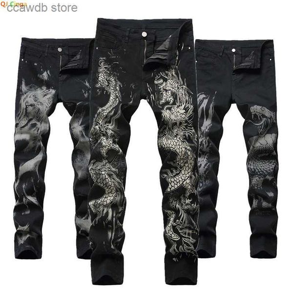 Men's Jeans Nouveaux hommes chinois à la mode Dragon noir jean maigre Stretch confortable mode Hip-hop hommes Denim pantalon Streetwear imprimé pantalon T240109