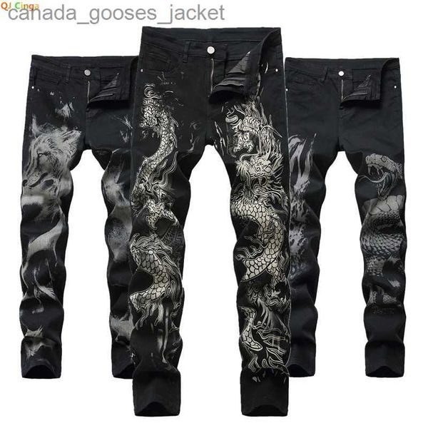 Jeans masculins New Men's Chinois Trendy Dragon Black Skinny Jeans Stretch Fashion Hip-Hop Men Pantalon Denim Pantalon Streetwear Imprimé L231225