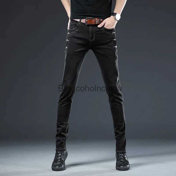 Jeans para hombres Nuevos hombres Slim Button Black Skinny Jeans Color sólido Stretch Skateboard Multi-botón Juventud Hombre Denim PantsL231003