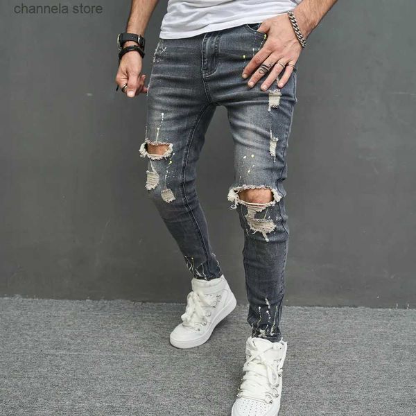 Jeans pour hommes Nouveaux hommes élégant déchiré crayon maigre jean pantalon streetwear mâle hip hop trous stretch mince denim pantalon T240205