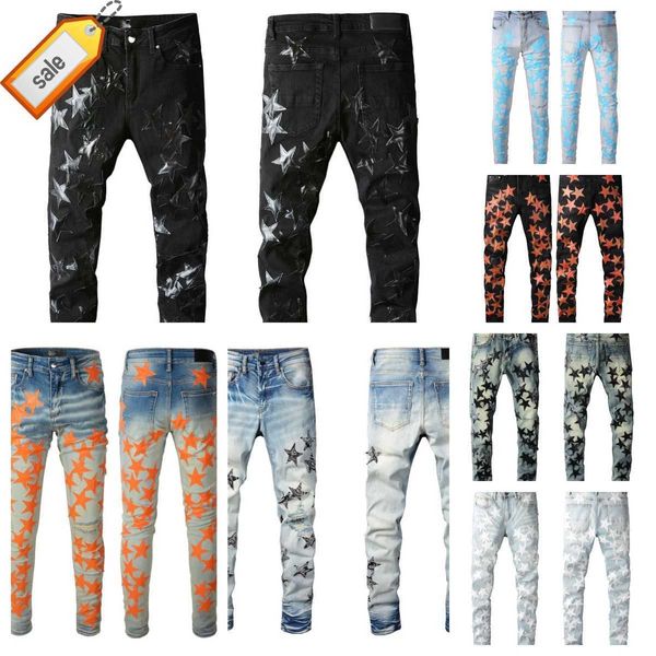 Jeans para hombres Nuevos para hombres para hombres Rip Slim Fit Pantalones de hombre flaco Parches de estrellas naranjas que usan Biker Denim Stretch Cult Motorcyc Trendy Long Straight Hip Hop con 27