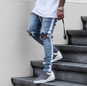 Jeans pour hommes New Mens Hip Hop Ripped 2018 Détruit Trou Skinny Biker Bande Blanche Couture Zipper Décoré Noir Bleu Clair Denim Pantalon