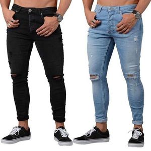 Heren jeans nieuwe heren skinny jeans heren denim spanning spijkerbroek mannelijke slanke fit hip hop broek mode elastische taille gat fietser spijkerbroek mannelijk t240507