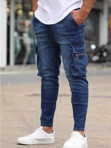 Heren jeans nieuwe heren slanke rek casual mode multi pocket rits zipper denim broek alledaagse straatwerk hiphop broek Q240427