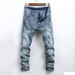 Herenjeans Nieuwe heren lente- en zomertijd Slim Fit Elastische taille Gat Modieus Drop Delivery Kledingkleding Dhgxs