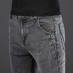 Heren jeans nieuwe heren straatkleding retro grijs slanke fit jeans heren broek pure katoenen hoogwaardige casual rechte Q240427