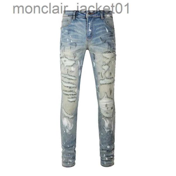 Jeans pour hommes Nouveaux hommes Streetwear Mode en détresse Silm Fit Bleu clair Trous endommagés Tie Dye Bandana Patchwork Ripped Stretch Graffiti Jeans J231006