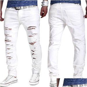 Jeans pour hommes nouveaux hommes trou blanc lavé coupe ajustée Stretch Hip Hop pantalon crayon pour homme livraison directe vêtements Dht07