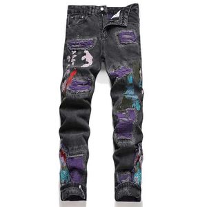 Pantalones vaqueros para hombre, nuevo estilo Punk, pantalones vaqueros negros con parches rasgados, cintura media, pantalones ultrafinos para hombre, ropa de moda Hip Hop J240328