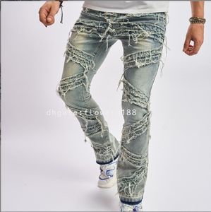 Jeans masculins Nouveaux jeans pour hommes déchirés pour hommes de barbe de barbe de barbe stitch extensible lâche pantalon de jambe décontractée jeans pour hommes jeans jeans fleur pour jeans pour une femme