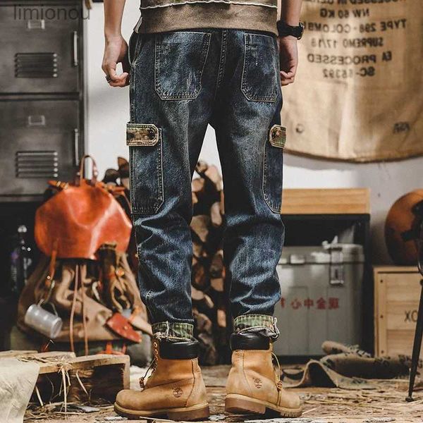Jeans pour hommes Nouveau printemps automne Vintage grande poche mâle mode Denim vêtements de travail Cargo décontracté coréen Hip-hop Baggy jean hommes salopette pantalonL240120