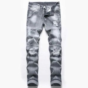 Heren jeans nieuwe lente heren gescheurd gat jeans casual slanke fit grijze jeans mannen broek mannelijke hiphop denim rechte broek pantnes hombre t240507