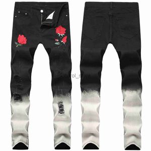 Jeans pour hommes New Style Black Skinny Men's Rose broderie Trou Hommes Jeans Fashion Design Male Denim Pants Straight Slim Biker Ripped Jeans J230806