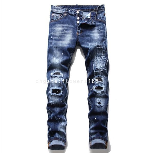 Jeans para hombres Nuevo estilo Mantel rasgado Múltiples colgantes Grind Pintado a mano Estribo de caballo Salvaje y rebelde Hip Hop urbano Jeans con hojas de arce