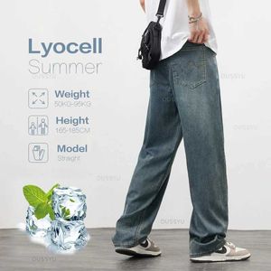 Jeans masculin Nouveau amélioration de tissu lyocell de haute qualité de haute qualité hommes hommes minces minces de jambe large pantalon décontracté bleu pantalon de style rétro mâle Q240525