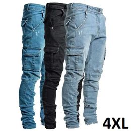 Men's Jeans Nouveau jean délavé pour hommes couleur unie Multi poches Denim taille moyenne Cargo jean grande taille mode pantalon décontracté mâle tenue quotidienne