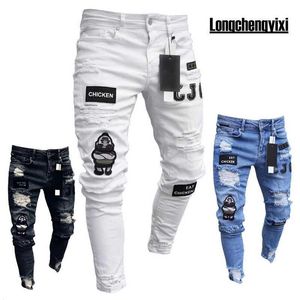 Jeans masculin nouveau jean brodé blanc masque en coton stretch stretch jeans serré jeans de haute qualité trou noir hip-hop ultra-mince jeans Q240523