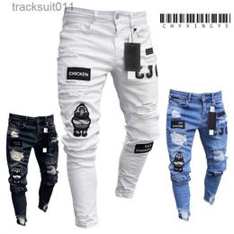 Jeans pour hommes Nouveau jean de broderie blanc hommes coton extensible déchiré jean maigre haute qualité Hip Hop trou noir coupe ajustée pantalon en jean surdimensionné L230926