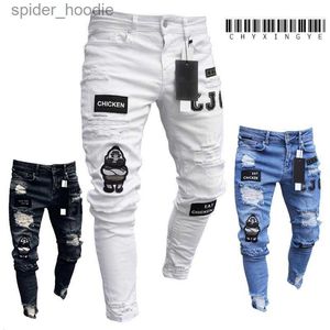 Men's Jeans Nouveau jean brodé blanc hommes coton extensible déchiré jean moulant haute qualité Hip Hop trou noir coupe ajustée pantalon en jean surdimensionné L230927