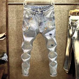 Heren Jeans Nieuw aangekomen Kpop Koreaanse stijl heren designer kleding hoogwaardige wassen verfspatten gescheurde jeansL2403