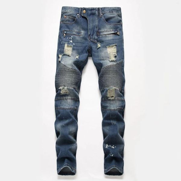 Jeans para hombres Bonito otoño primavera hombres rasgados impresión calle hip hop punk estiramiento bicicleta agujeros de moda pantalones de mezclilla rectos